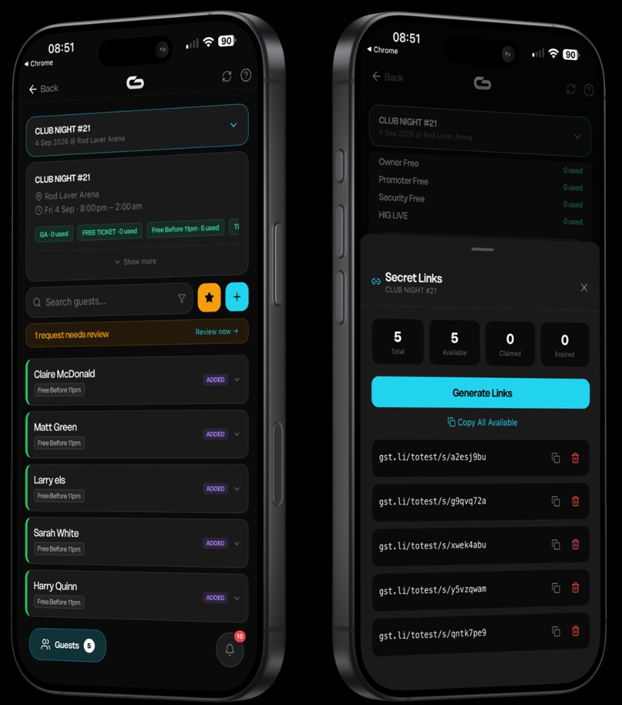 Event Mode with live guest list and Secret Links generator