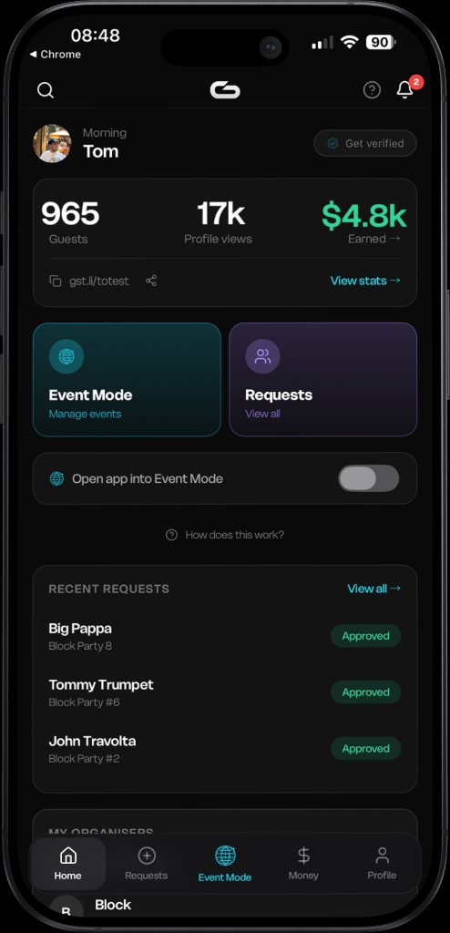 Guest Line promoter home: live guest count, profile views, and earnings