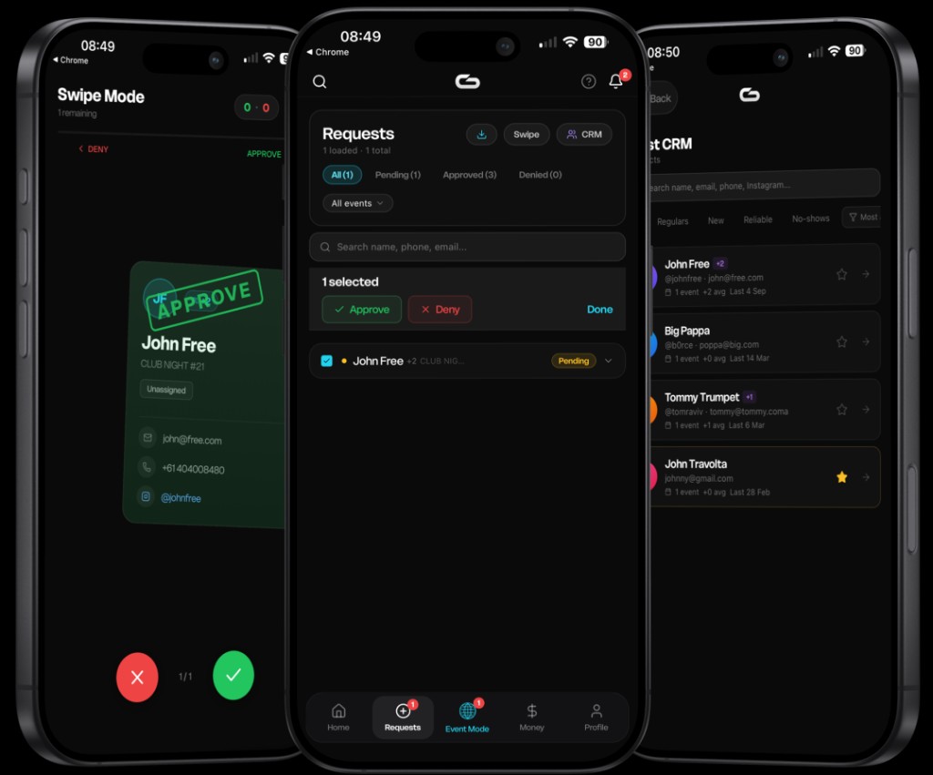 Swipe-mode approvals, requests inbox, and personal Guest CRM
